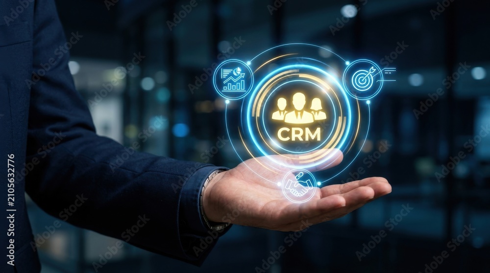 Fototapeta premium Crm software solution a hand holding a digital representation of customer relationship management technology