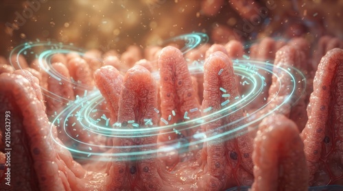 Medical illustration of a healthy gut microbiome with intestinal villi and digital rings.