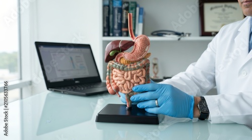 A gastroenterologist holding a medical model of the human digestive system in a clinic.