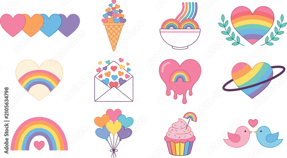 Obraz premium Cute Pastel Rainbow Heart Sticker Set with Ice Cream Cupcake Envelope and Love Birds Vector