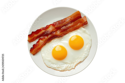 Breakfast plate with two sunny side up fried eggs and crispy bacon strips, high protein morning meal on transparent background