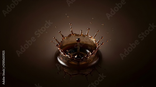Coffee crown splash with falling droplet isolated on dark brown background