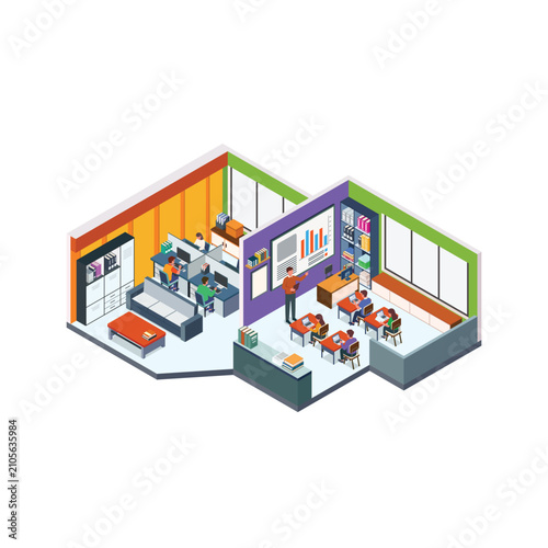 Modern School Classroom Isometric with Student Computer Stations and Learning Space