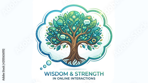 Wisdom and strength in online interactions logo design featuring a stylized tree with chat bubbles and gears inside a thought bubble representing digital growth
