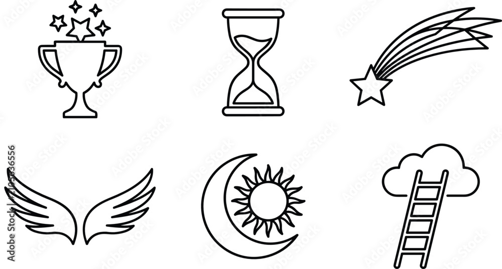 Fototapeta premium Fantasy Dream Outline Icon Set with Trophy, Hourglass, Shooting Star, Angel Wings, Sun Moon, and Cloud Ladder Vector Collection