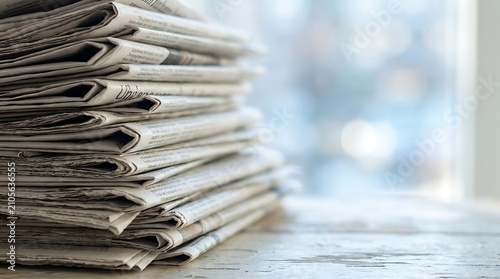 Stack of fresh daily newspapers on a wooden table with newspaper, journalism