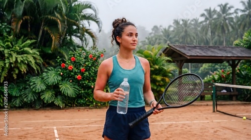 Fit Caucasian female standing on outdoor tennis court. Young sportswoman holding racket and clear water, for active healthy lifestyle.