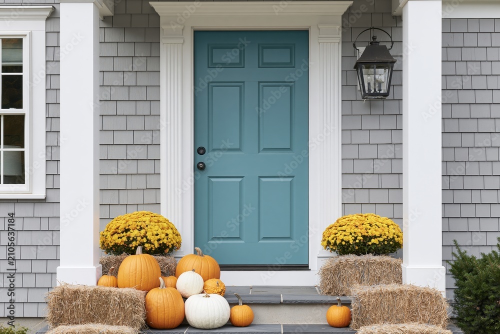 Obraz premium The Teal Front Door with Autumn Harvest Decor and Pumpkins