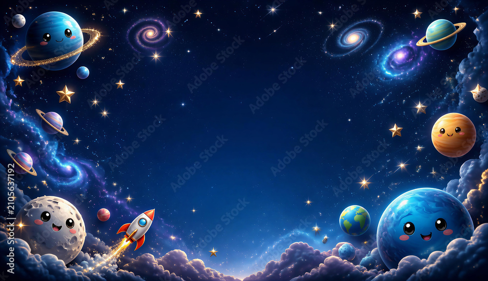 Naklejka premium A night sky filled with various planets and twinkling stars, showcasing the beauty of the universe.