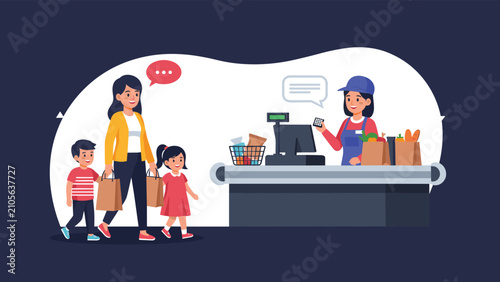 Mother with her two children buying groceries at a supermarket checkout counter, in a clean flat vector style.