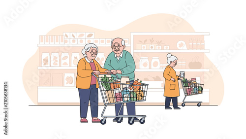 Active senior citizens shopping for fresh groceries at a supermarket, in a clean flat vector illustration style.