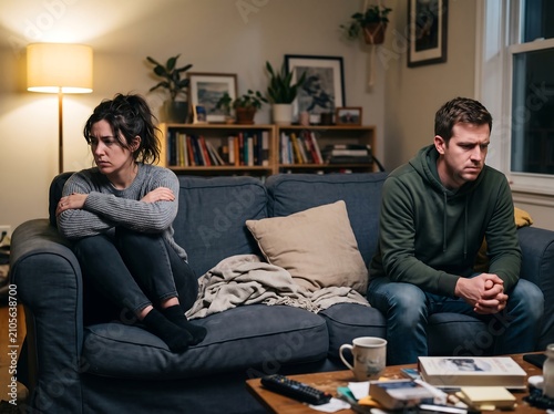 Couple sitting on the couch experiences significant marital strife and cold silence in their living room.