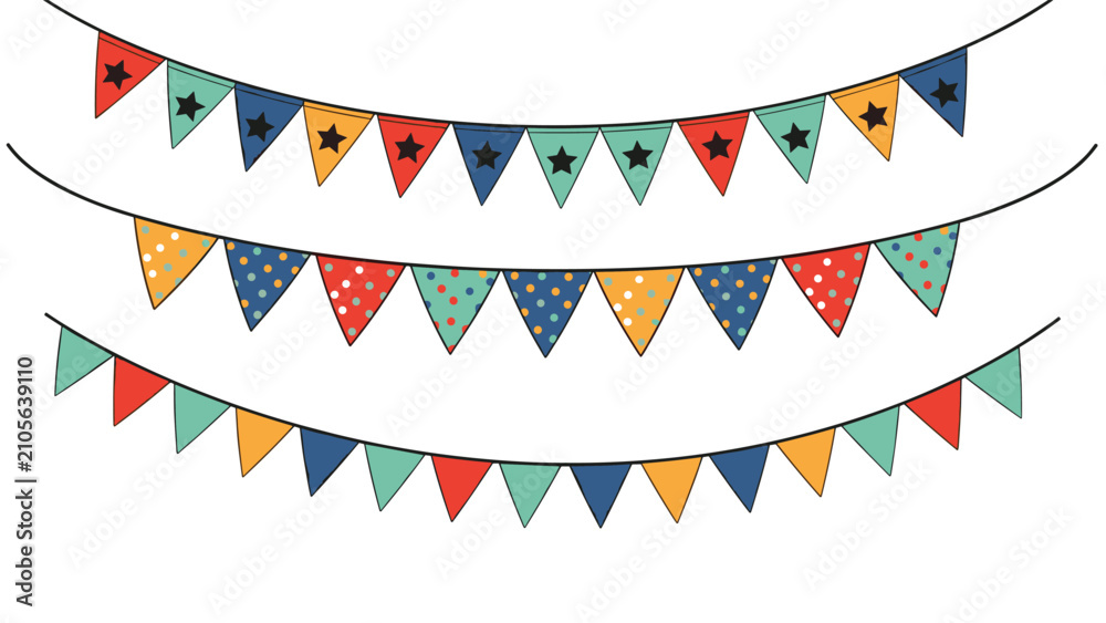 Fototapeta premium Colorful party bunting garlands with stars, polka dots, and stripes hanging on strings over a white background.