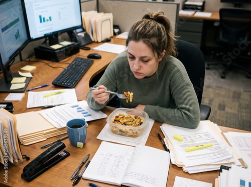 Businesswoman sitting at her desk in a corporate office environment while eating lunch from a container.