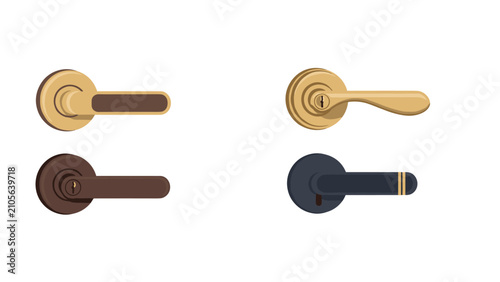 Set of modern door handles in different metallic finishes and styles, including brass, bronze, black, and chrome options.