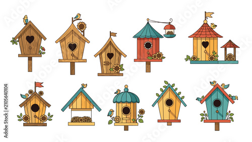 Colorful collection of various wooden birdhouses in different designs, sizes, and decorated with flowers and birds.