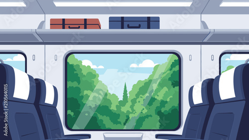Clean interior of a modern passenger train cabin with comfortable seats and a large window showing green forest.