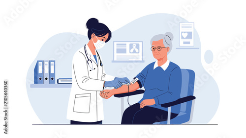 Professional female doctor wearing a face mask while carefully drawing blood sample from an elderly woman patient.