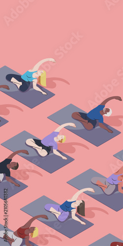 YOGA IN A GROUP PARSVA SUKHASANA POSE ILLUSTRATION, RED VERTICAL BACKGROUND