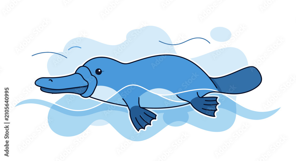 Fototapeta premium Cute cartoon platypus swimming in water illustration.