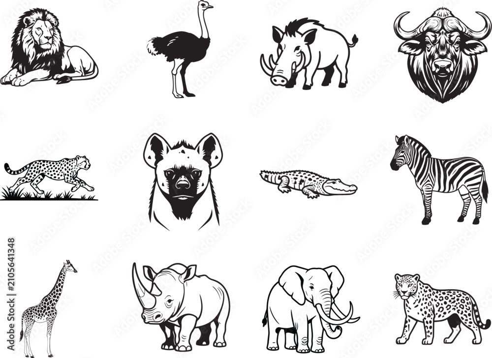 Obraz premium A collection of twelve iconic African wildlife animals depicted in a graphic, stylized illustration.