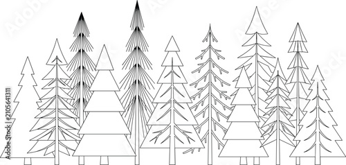 Obraz na płótnie Pine forest line art vector illustration featuring coniferous evergreen trees ou
