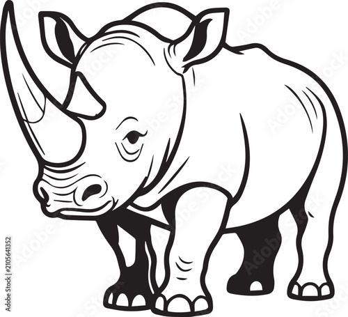 A striking black and white illustration of a rhinoceros, showcasing its powerful build, thick hide, and iconic horn, standing stoically.