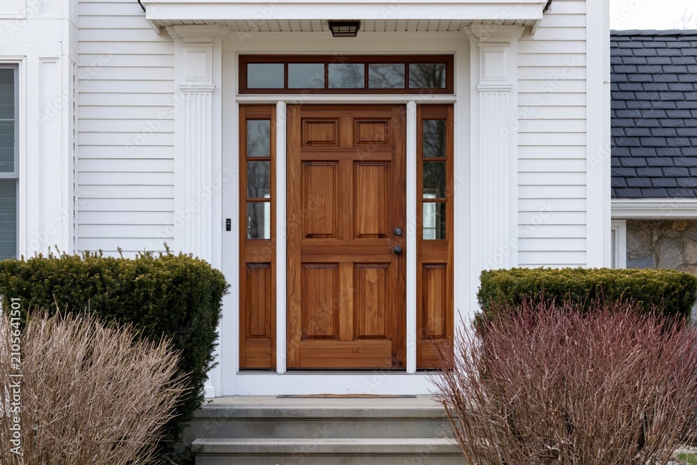 Obraz premium The Wooden Front Door With Sidelights Framed by White Columned Porch