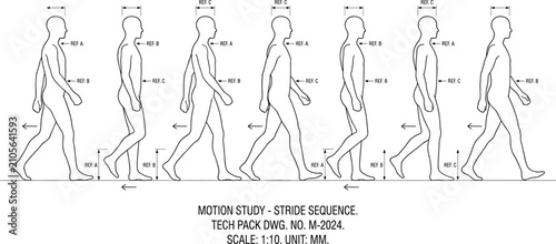 Εκτύπωση καμβά Male walking stride motion study vector line art sequence diagram with measureme
