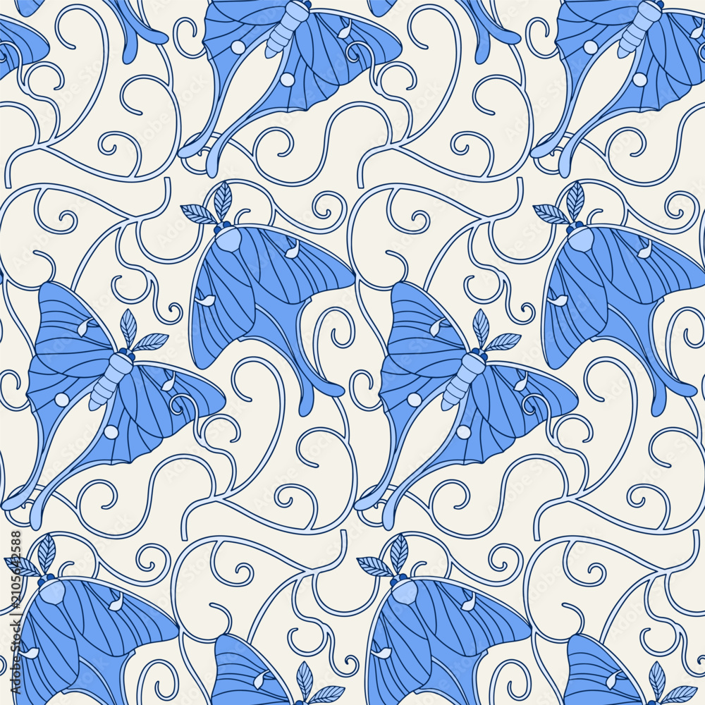 Fototapeta premium Art Nouveau monochrome blue seamless pattern with Luna moths and elegant curves