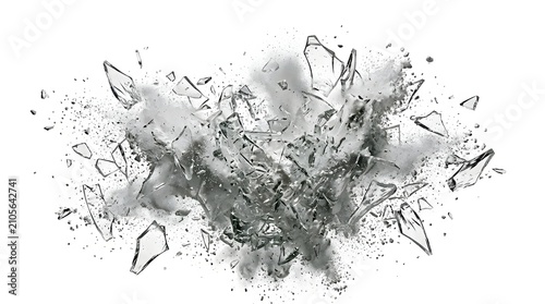 Explosion of shattered glass pieces and white powder flying across a solid white background for dramatic action scenes and safety concepts