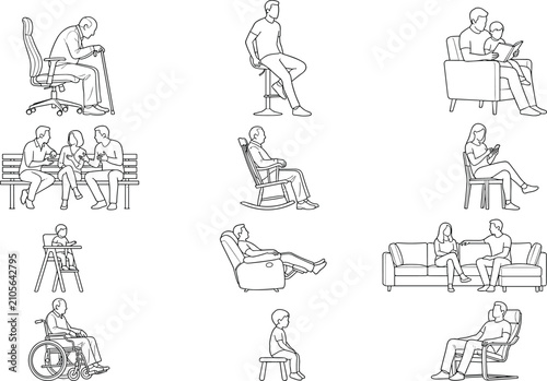 Set of diverse sitting people line art vector illustrations for architectural elevation CAD blocks
