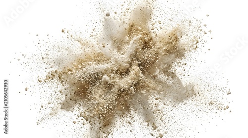 Pet supplement powder exploding into an energetic cloud of asymmetrical particles over a white background for dynamic veterinary nutrition concepts