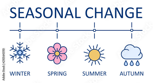 Four seasons banner infographic. Editable stroke vector line set. Seasonal change concept with spring summer autumn winter. Weather timeline including flower sun and rain cloud snowflake.
