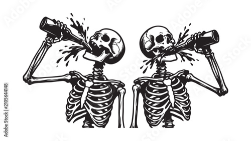 Two Skeletons Drinking from Bottles with Splashing Liquid, Humorous Macabre Vector Illustration