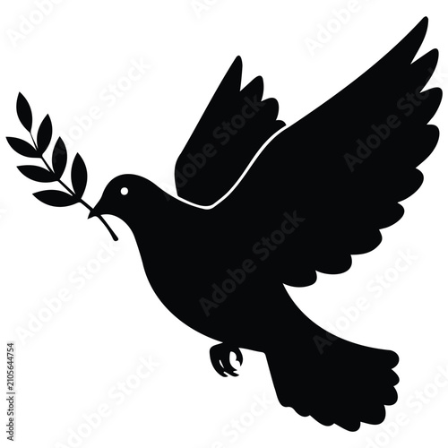 Canvastavla Dove carrying olive branch silhouette vector illustration isolated on white background symbolizing peace