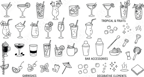 Bild auf Leinwand Cocktail Drinks Set Naive Doodle Vector Illustration.