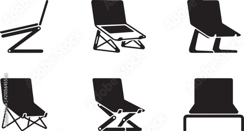 Six folding chair designs with laptop on seat illustration Vector