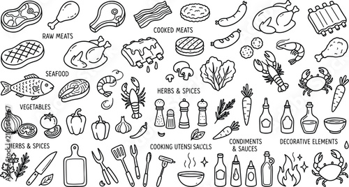 Schilderij op canvas Meat and Cooking Ingredients Set Naive Doodle Vector Illustration