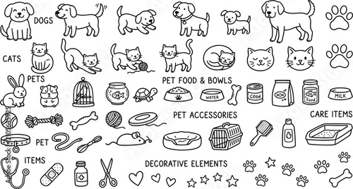 Cuadro en lienzo Pets and Pet Accessories Naive Doodle Vector Illustration
