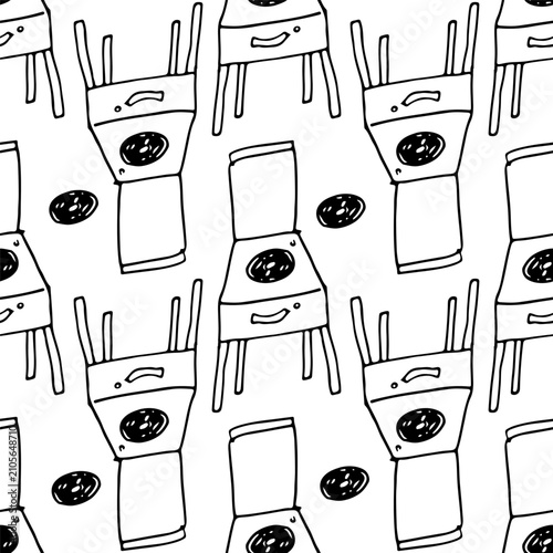Seamless pattern with vintage chairs and record players in hand drawn minimalist style. Black and white vector background for home decor projects.