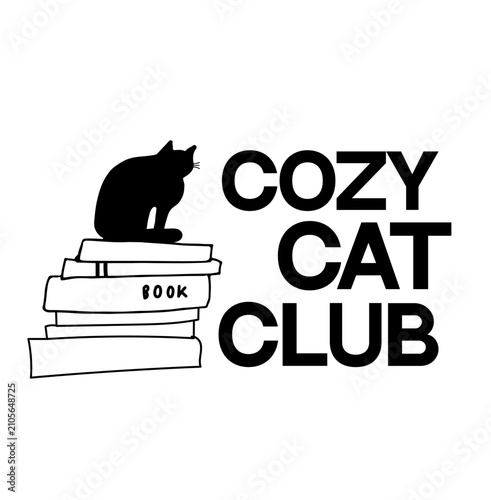 Cozy Cat Club typography with cat sitting on stacked books. Hand drawn minimalist vector illustration for book lovers and cat lovers.