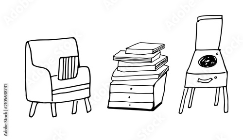 Hand drawn cozy reading corner with armchair, stacked books and vintage record player. Minimalist black and white vector illustration for book lovers, home interiors and reading lifestyle.