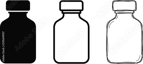 Fotografie Set of medical glass bottle icons in solid outline sketch styles with medicine h