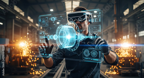 Engineer using virtual reality headset inspecting 3D engine model interface in factory