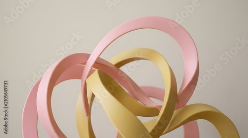 Abstract pink and yellow curved shapes. Modern 3D sculpture with soft pastel colors.