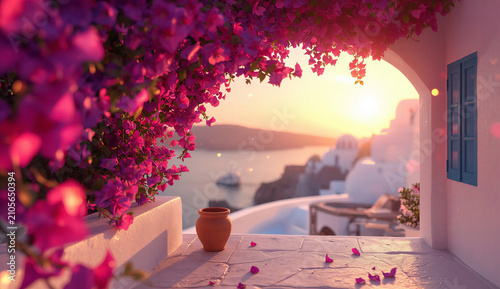 A flowery archway frames a picturesque view of the sea at sunset, with vibrant colors illuminating the sky.