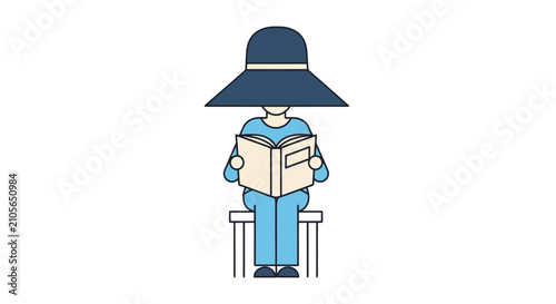Illustration of person reading a book under a large hat.