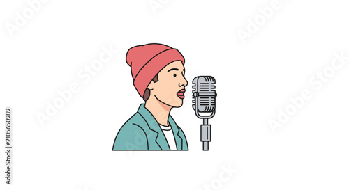 Illustrated person singing into vintage microphone.