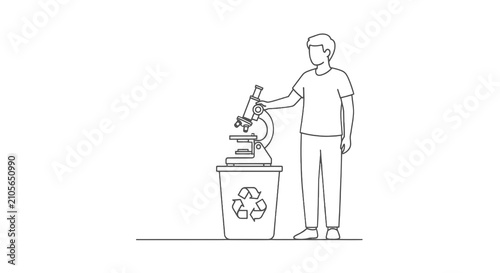 Scientist examining microscope over recycling bin illustration.